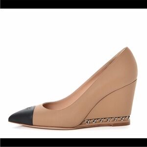 CHANEL- Calfskin Cap Toe Chain Wedge Tan Size 9